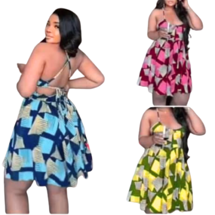 Robe Courte Imprimée à Fines Bretelles / Mini-Robe Dos-Nu à Motifs Géométriques - CLS