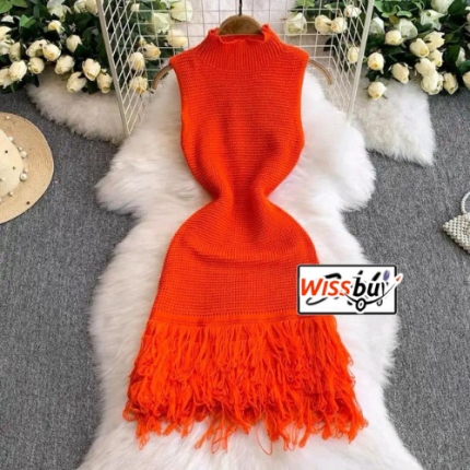Robe Pull Sans Manches/Robe En Maille à Franges -W -GC