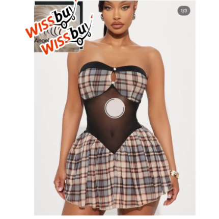 Robe Courte à Carreaux et Résille / Mini-Robe Ecolière à Motif Ecossais - W - MMG