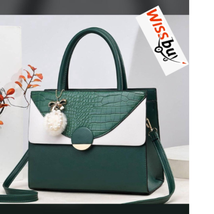 Sac à Main Cabas/Bandoulière Bicolore à Rabat Effet Croco et Pompon