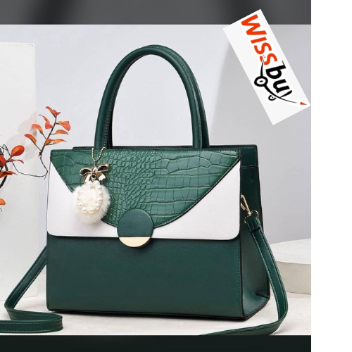 Design sans titre (7) Sac à Main Cabas/Bandoulière Bicolore à Rabat Effet Croco et Pompon – Image 1