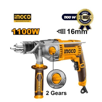 perceuse-_-percussion-filaire                    La perceuse à percussion filaire INGCO ID211008 est un outil puissant de 1100 W doté d'une double plage de vitesse (0-1200 et 0-3000 tr/min) et d'une capacité de perçage maximale de 16 mm. Elle inclut un contrôle de vitesse variable, une fonction marteau et un carter d'engrenages en aluminium