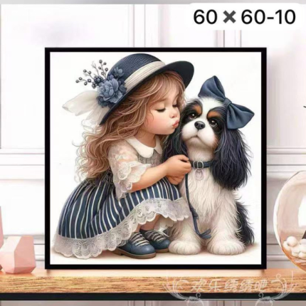 Tableau Décoration Douceur Fille et Chien-60x60
