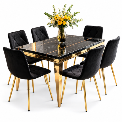 Ensemble Table à Manger 6 Places – Design Marbre Noir & Or