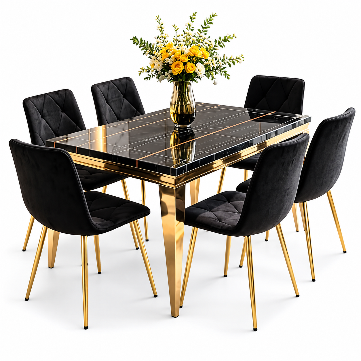 t2 Ensemble Table à Manger 6 Places – Design Marbre Noir & Or – Image 1